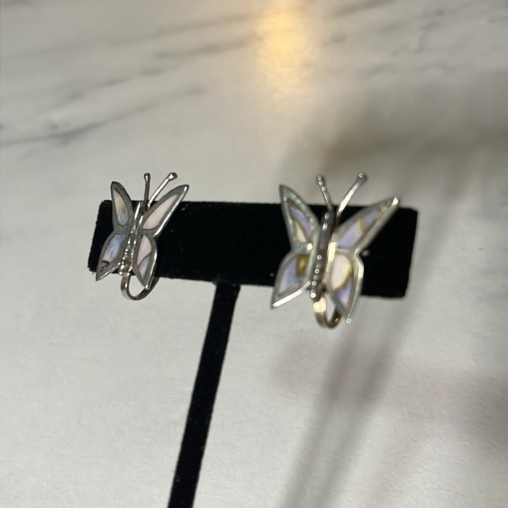 TAXCO Mexico RM Sterling Silver Abalone Inlay Butterfly Screw Back Earrings 925 - Picture 11 of 14